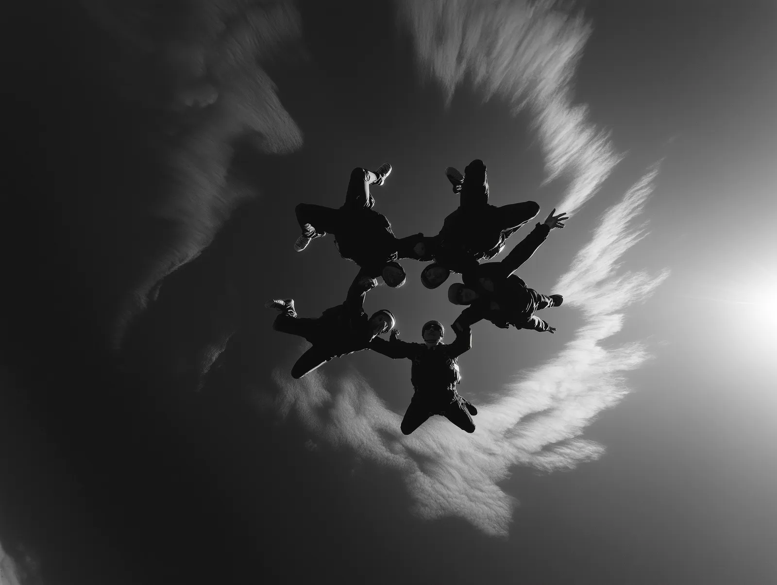 Skydivers hold hands in a ring, seen from below against clouds