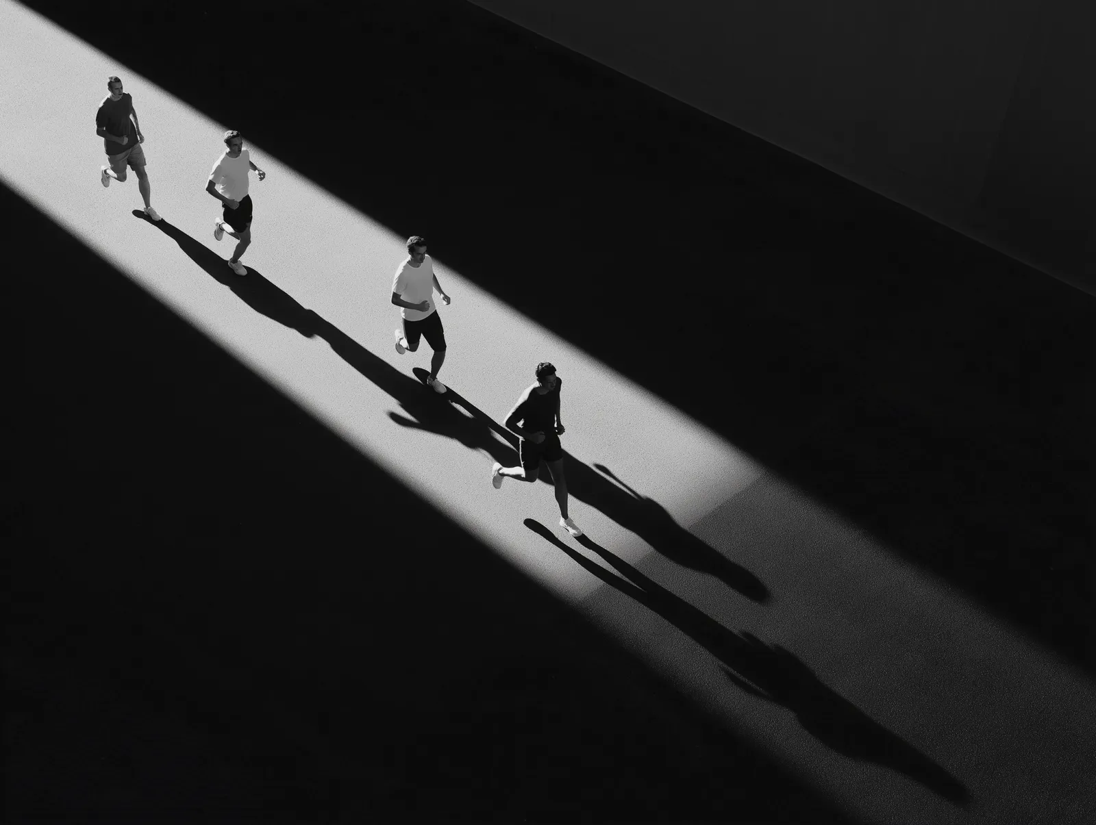 Four runners cross a diagonal band of hard light